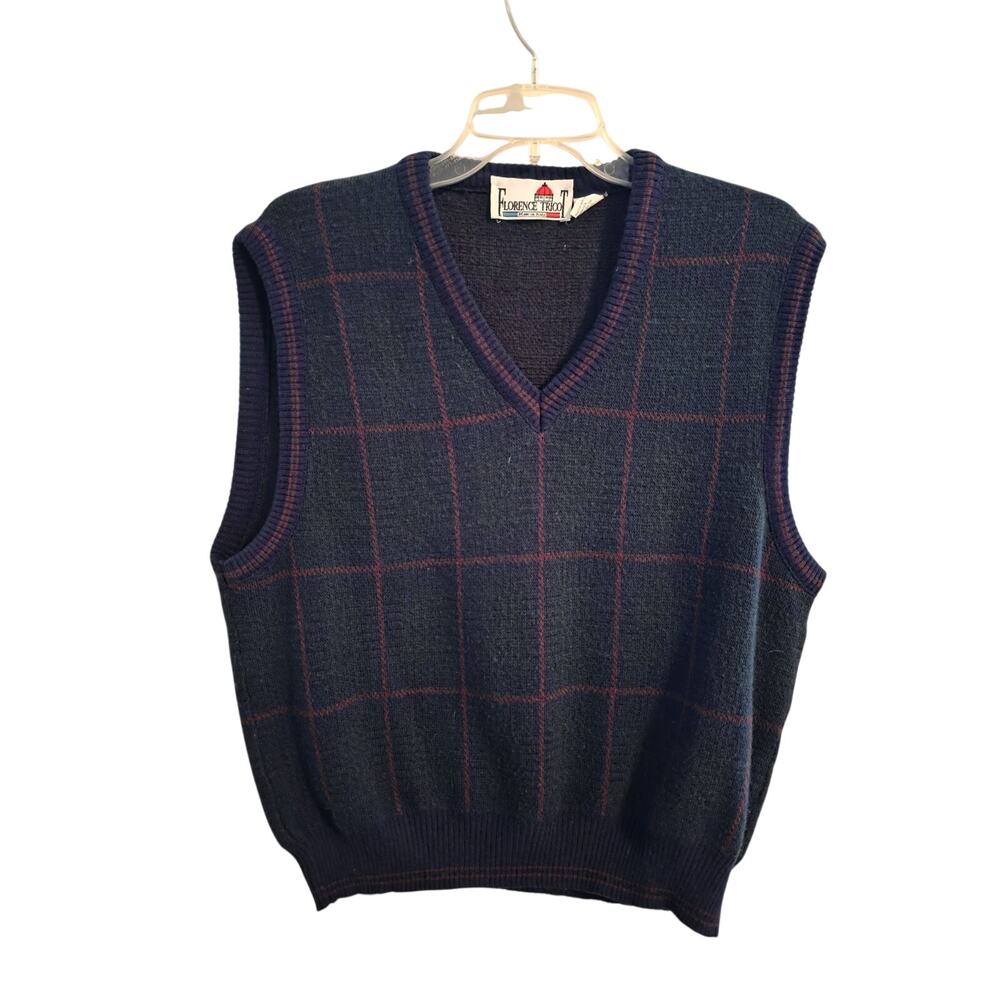 Vtg Florence Tricot Italy Wool Blend Sweater Vest Plaid Preppy Mens L Business